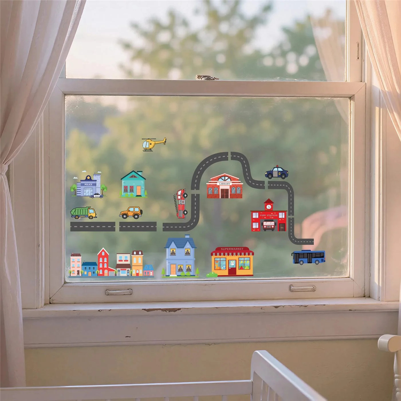 Road & Town Window Cling Set 35 Pc Cars Trucks Kids Static Clings Playroom