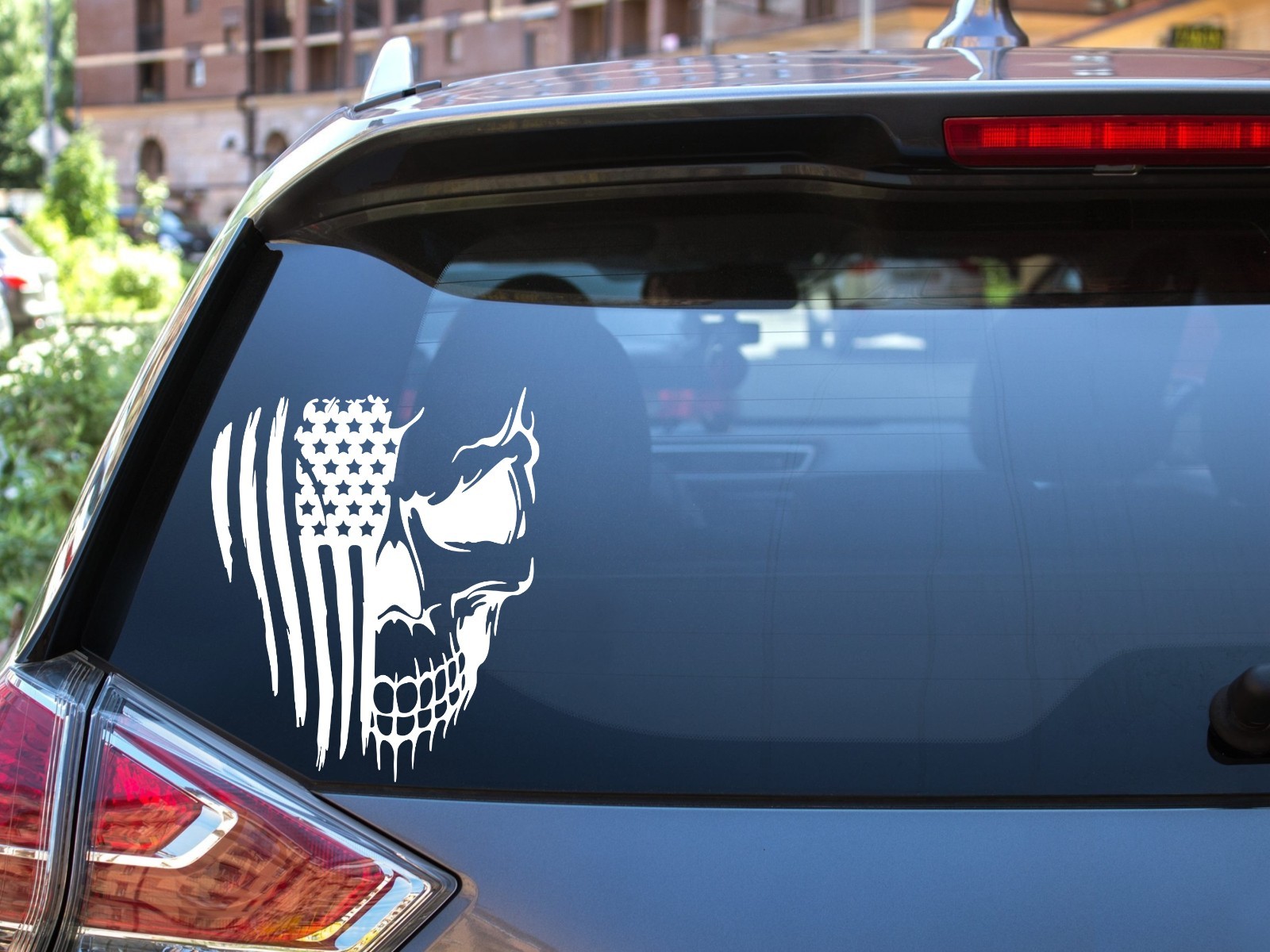 Distressed Skull America Flag Skeleton Vinyl Car Decal Sticker USA Truck Window