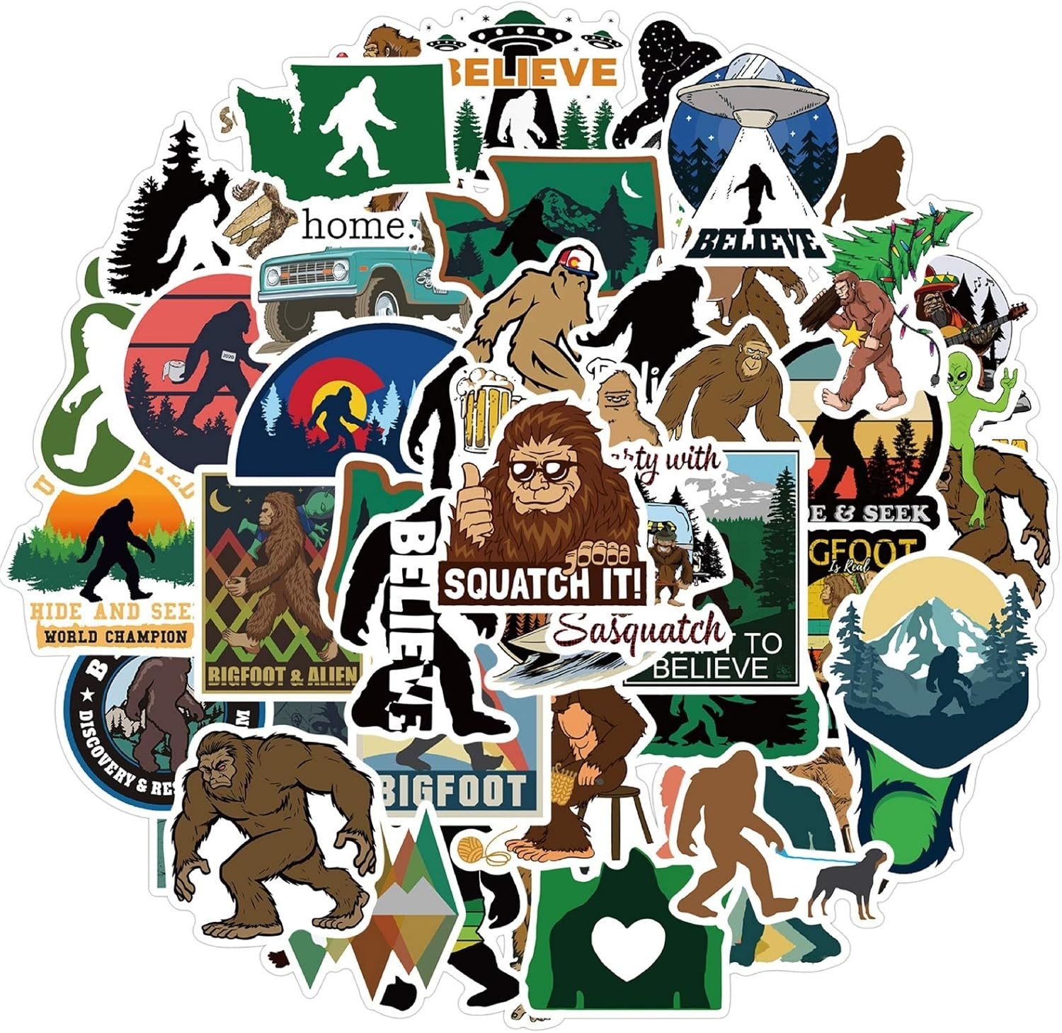 50 Count Bigfoot Stickers Variety Pack for Water Bottles, Laptops, Skateboards