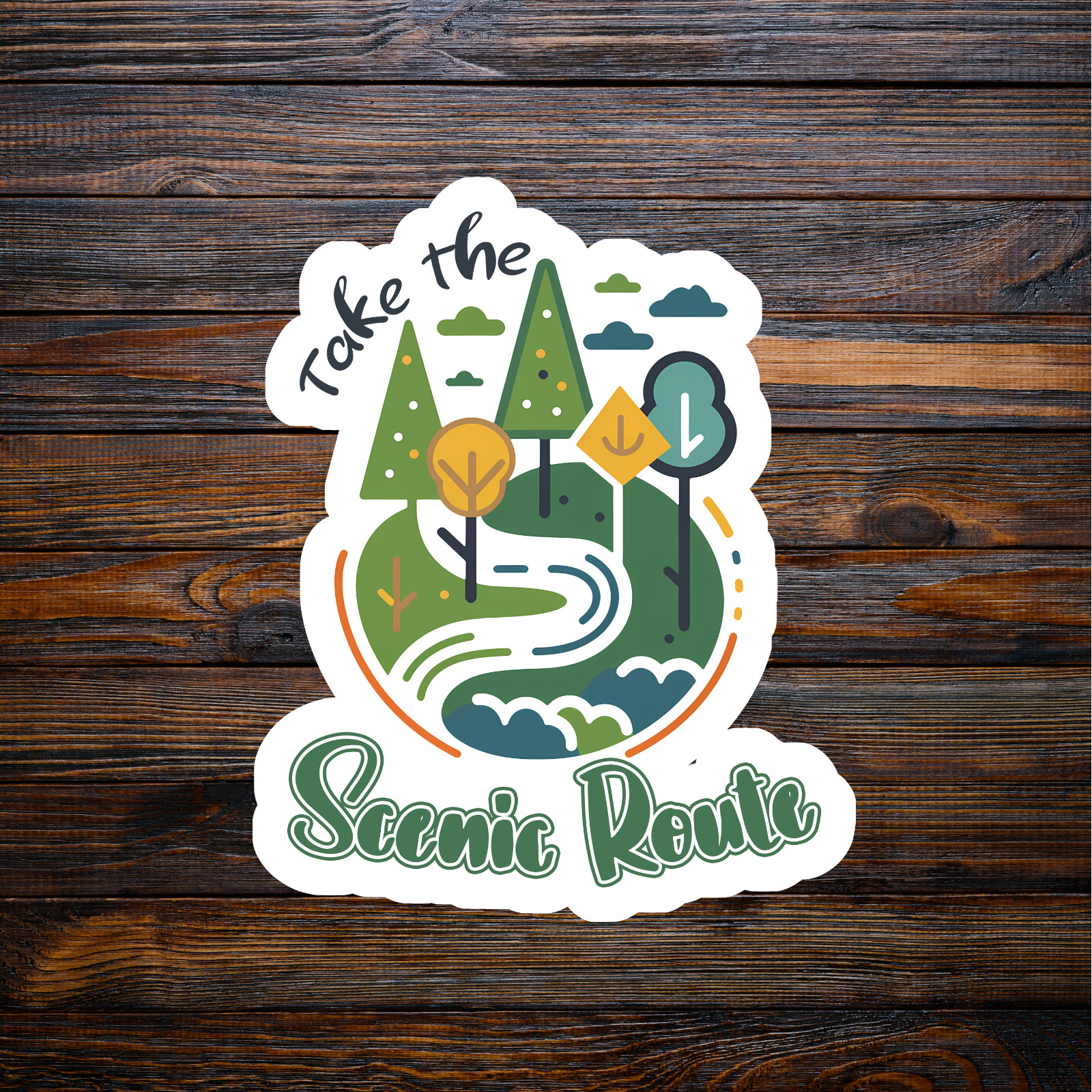 Camping sticker vinyl decal take the scenic route hiking woods adventure