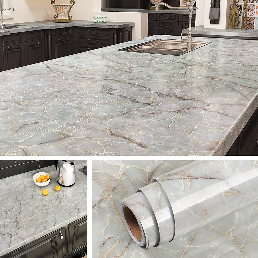 36 Inch Wide Marble Contact Paper for Countertops Waterproof Glossy Light Gre…