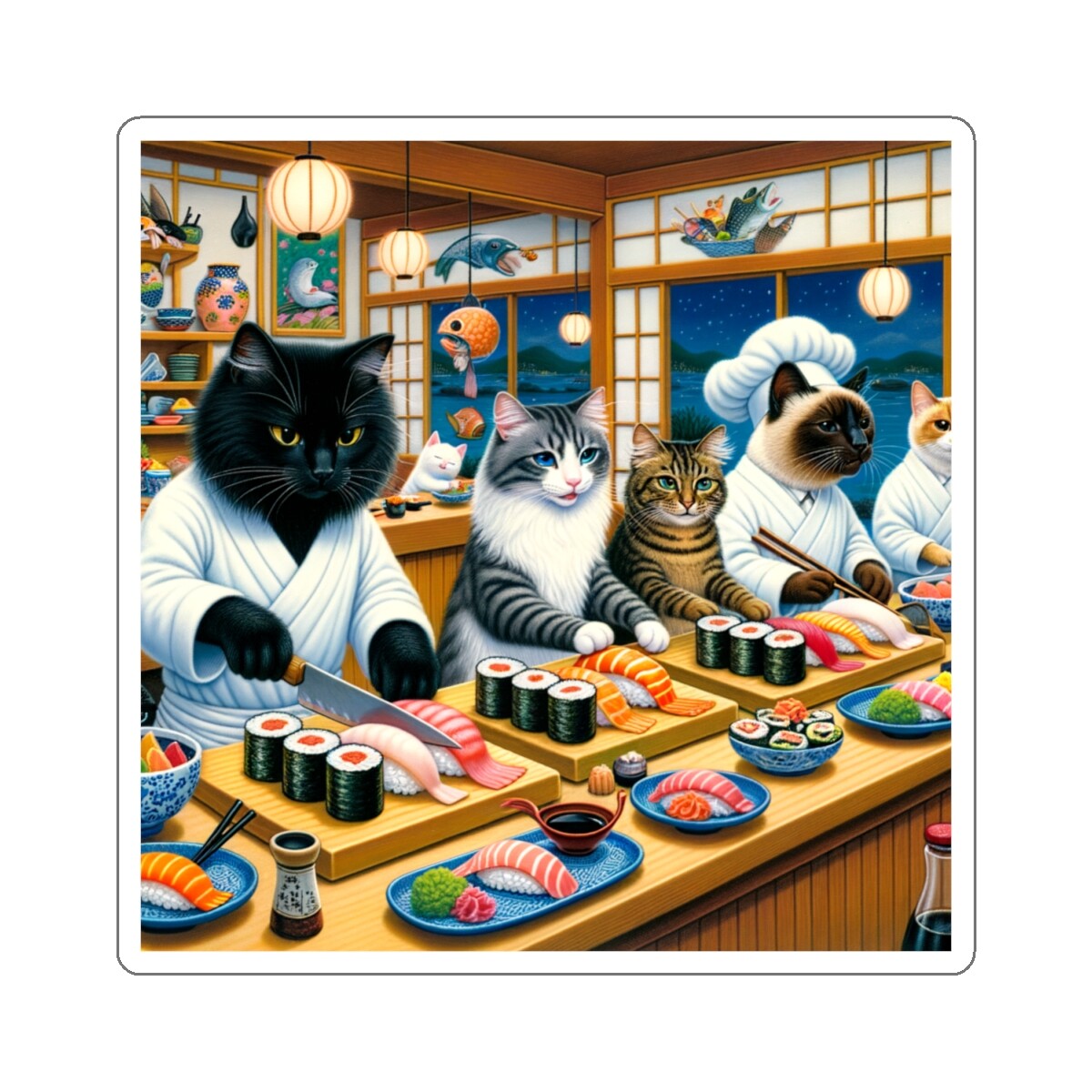 Sticker Cats at a Sushi Bar Scene Whimsical Funny Pet Lover 2×2" 3×3" 4×4" 6×6"