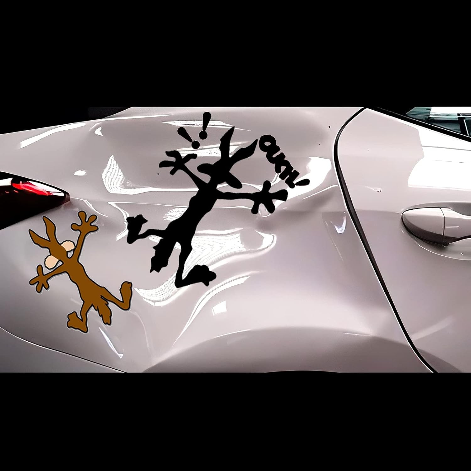 2 Pcs 9.8" 5.9" Reflective Dent Fix Car Decal, Cartoon Coyote Splat Hitting Wall