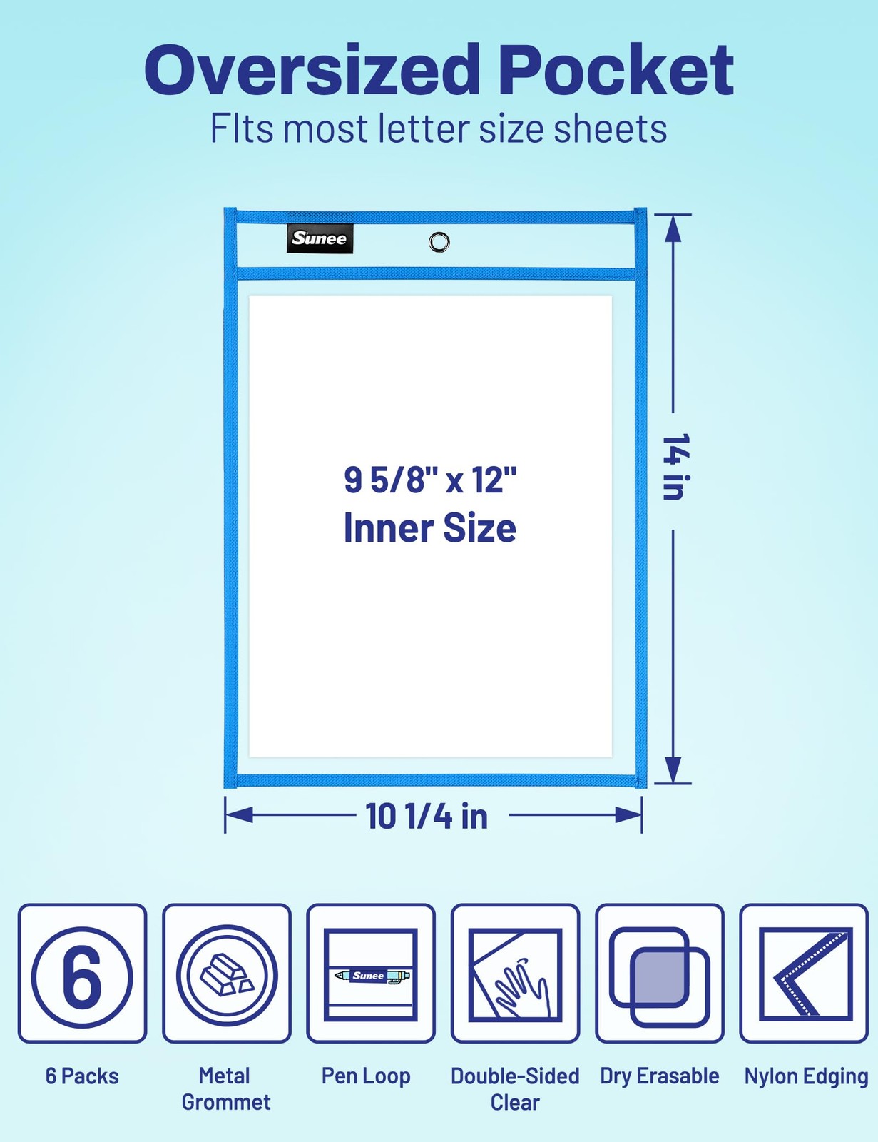 SUNEE 6 Packs Oversized Reusable Dry Erase Pocket Sleeves with Binder Ring, 6 As