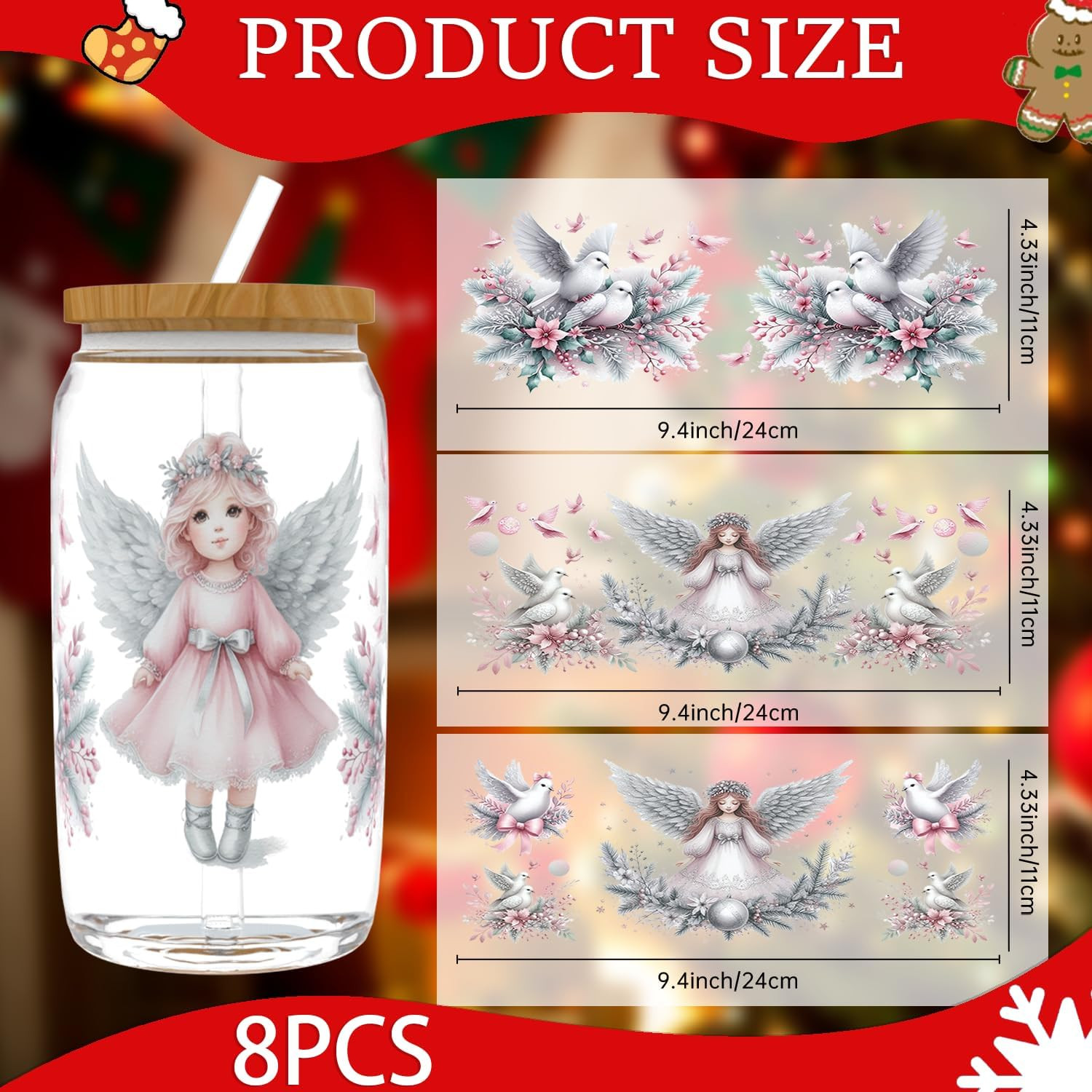 8PCS Christmas Elf Style UV DTF Stickers | 16 Oz Glass Cup Wraps, DIY Decals for