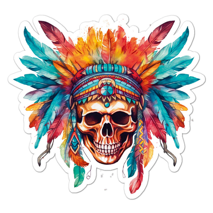 Indian Skull Feathers, Vinyl Decal Sticker, Indoor Outdoor, 3 Sizes, #9353