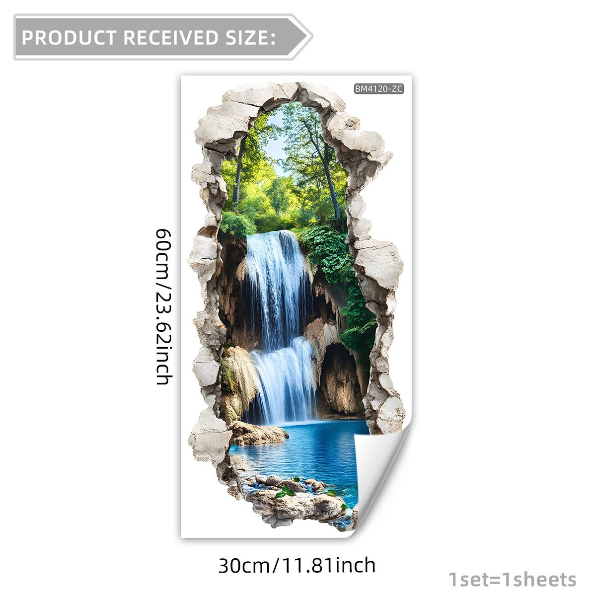 Realistic 3D Waterfall Mural Sticker with Cracked Wall Effect PVC 11.81×23.62in
