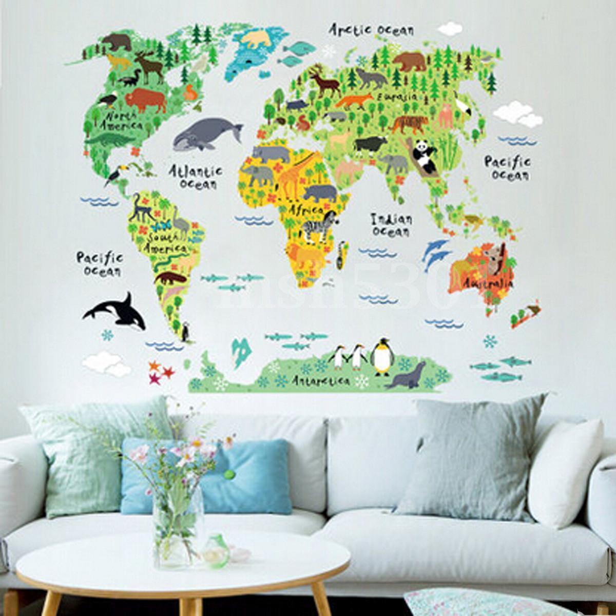 Animal World Map Removable Vinyl Wall Sticker Decal School Office Home Decor