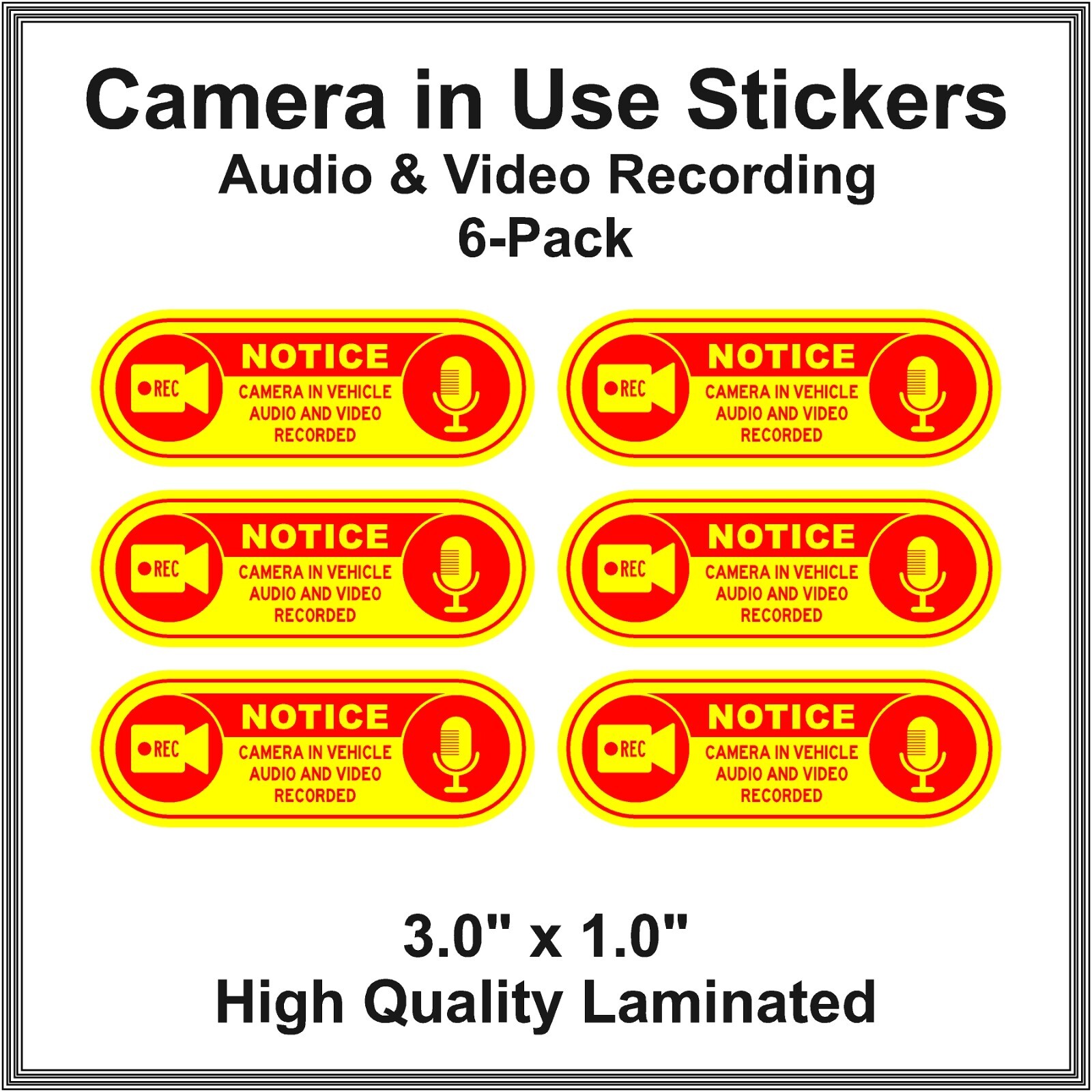 Camera in Car Recording Video 6-Pack Decals Yellow & Red 3.0" x 1.0" for Uber