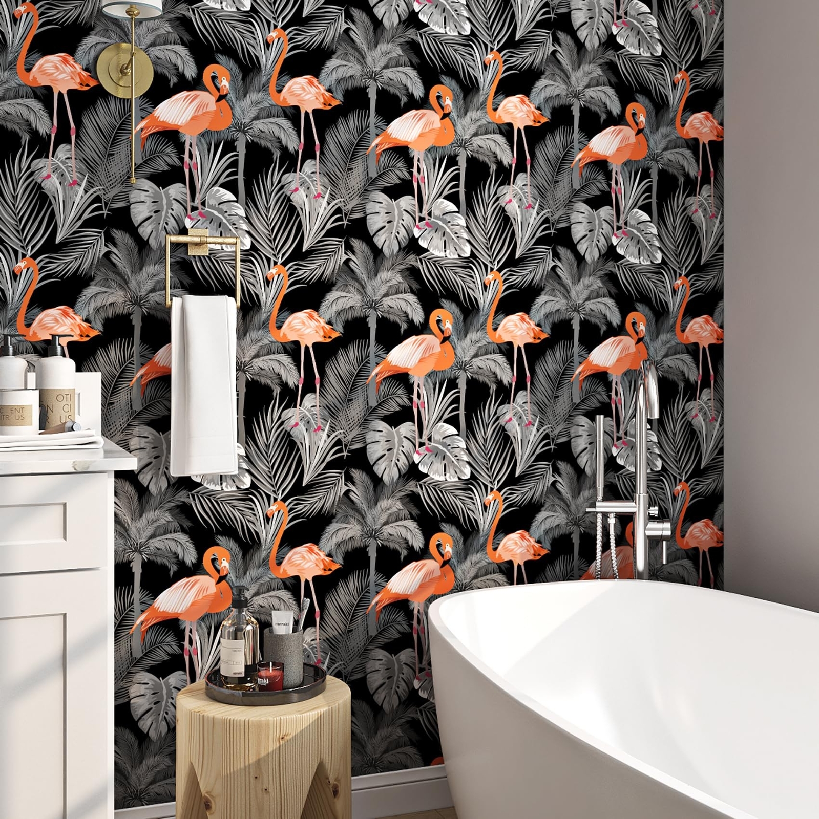 17.5in×23ft Peel and Stick Wallpaper Tropical Dark Grey Leaf Orange Flaming