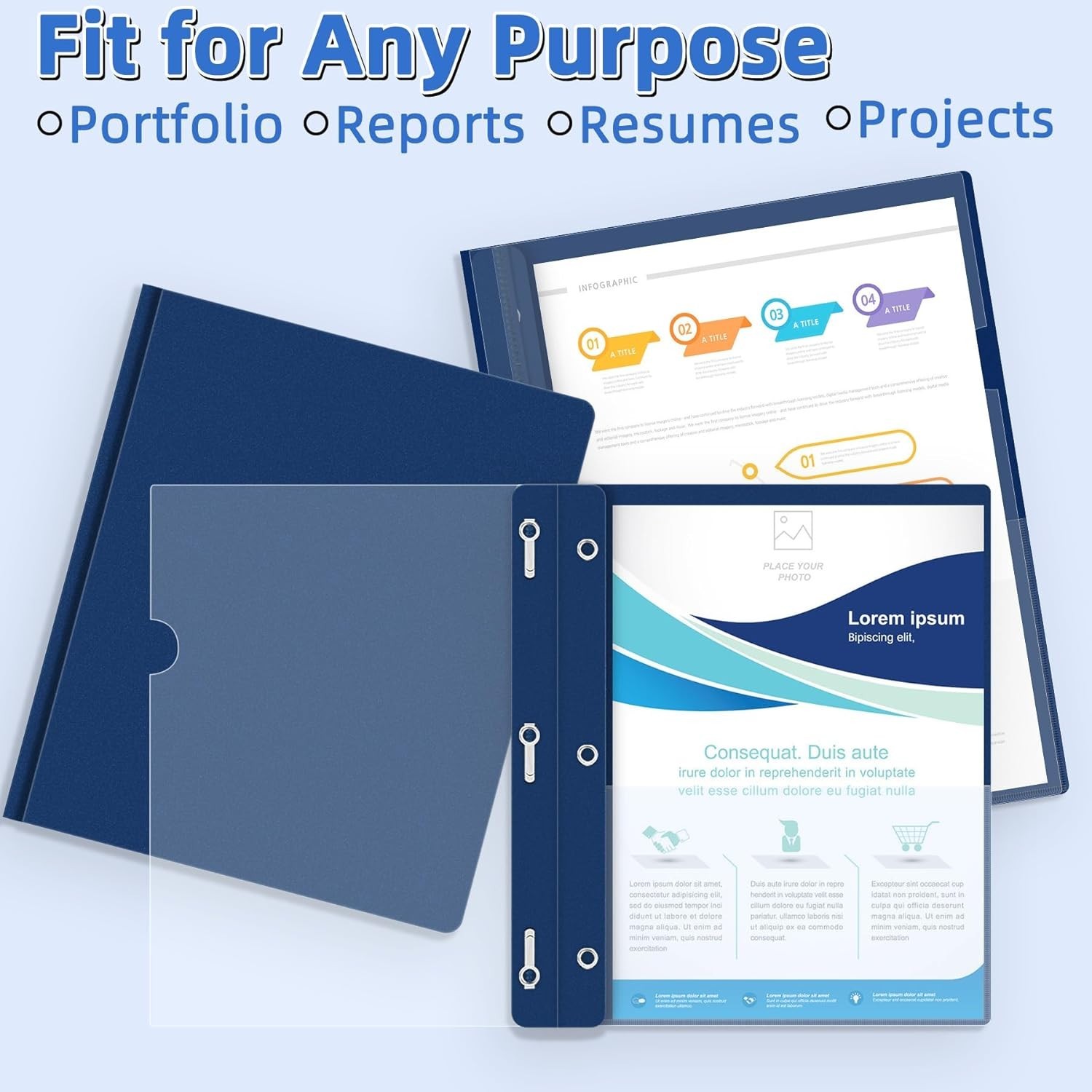 30 Pack Plastic Report Covers with 3-Prong Fasteners Clear Front Presentation…