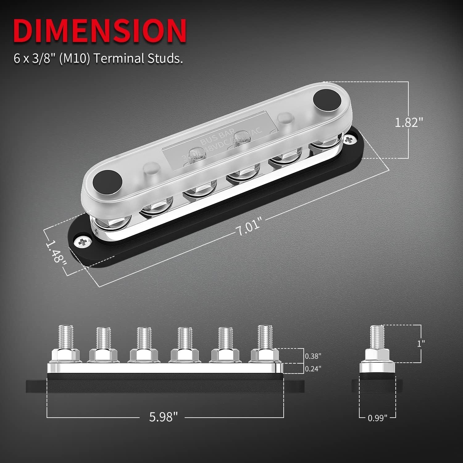 300A Bus Bar 12V Marine 12V Power Distribution Block with Cover 6 x 3/8" (M10) T
