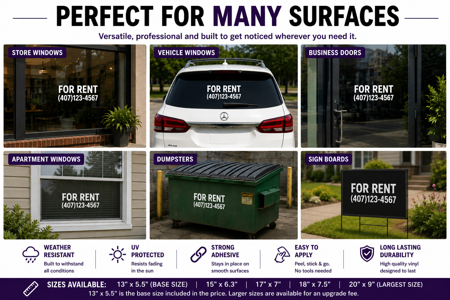 Custom For Rent Decal with Phone Number | Window Vinyl Sticker | Property Rental