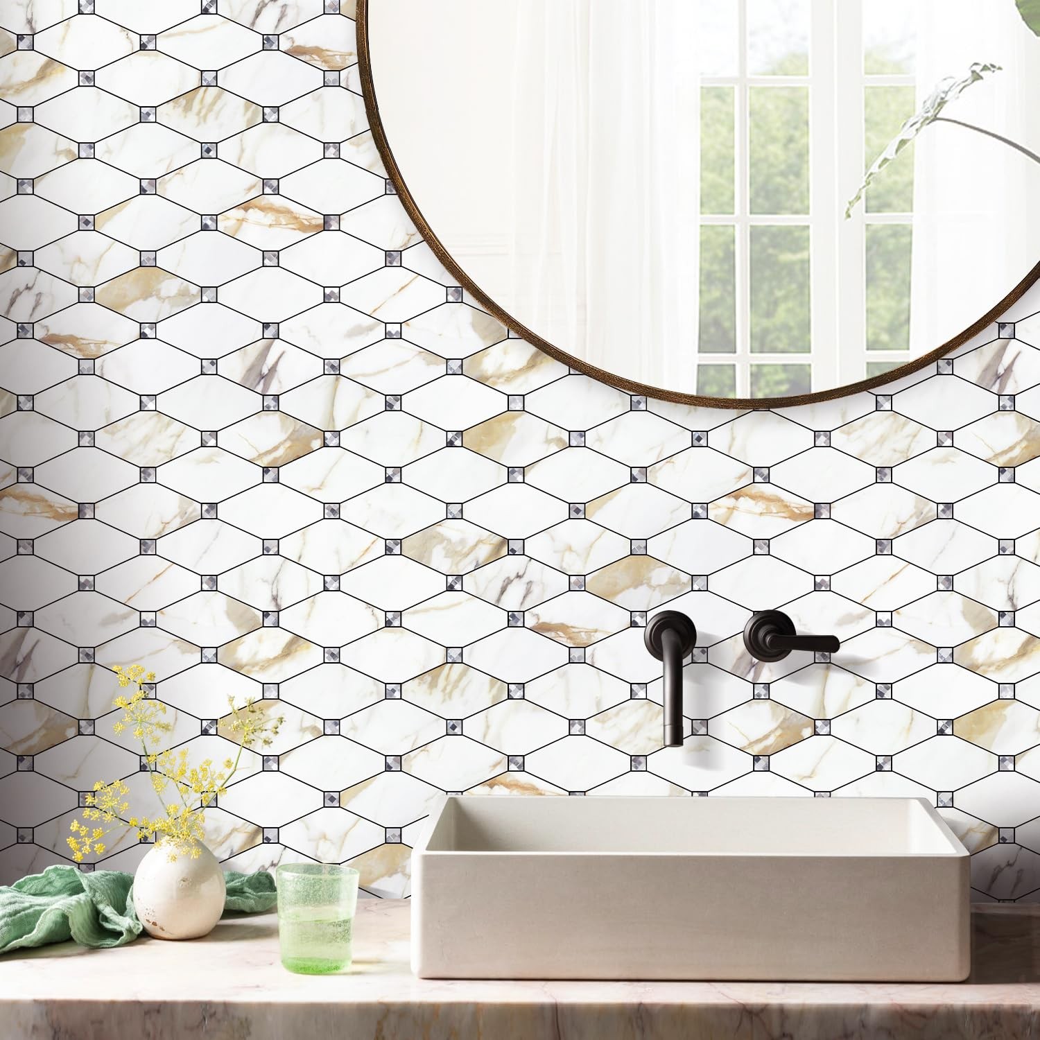 STICKGOO Peel & Stick Backsplash – 10 Sheets Calacatta Gold PVC Mosaic Tiles