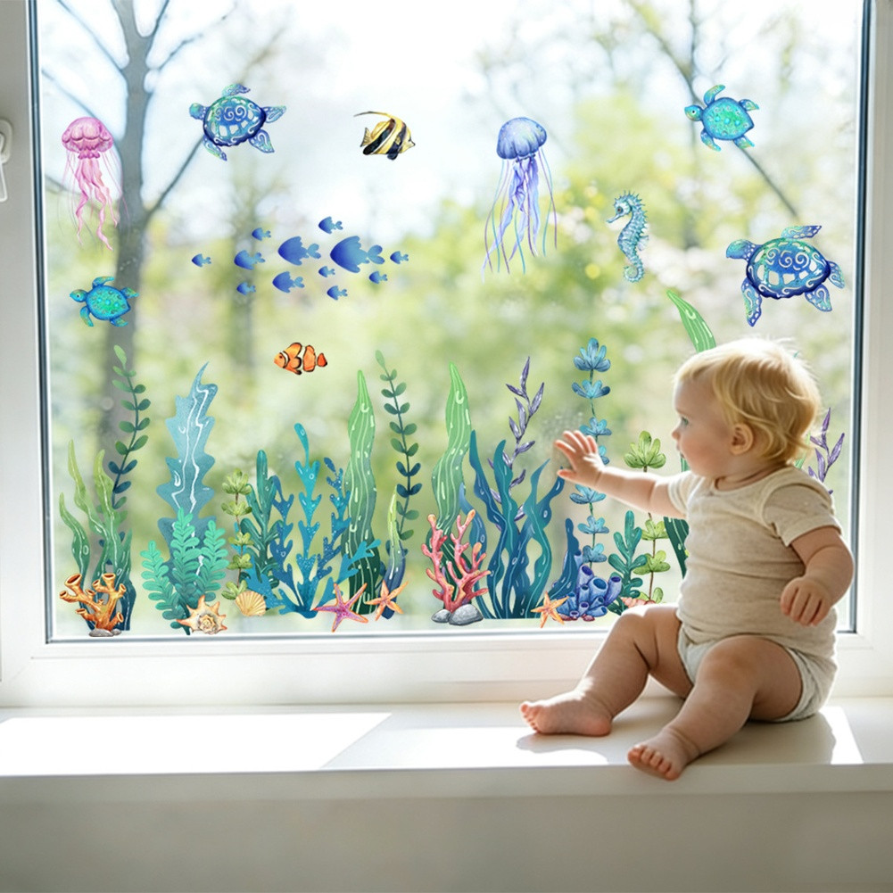 Double Sided Marine Life Window Sticker for Glass Doors 11.81×23.62in Blue PVC