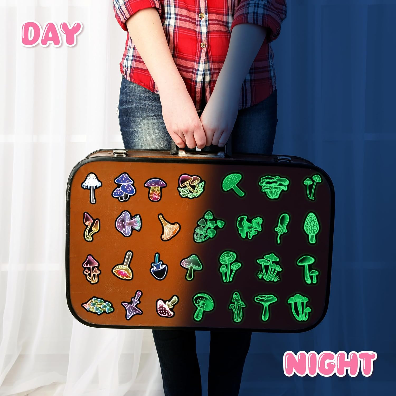 50 Pcs Glow in the Dark Neon Mushroom Water Bottle Stickers, Waterproof Vinyl Mu