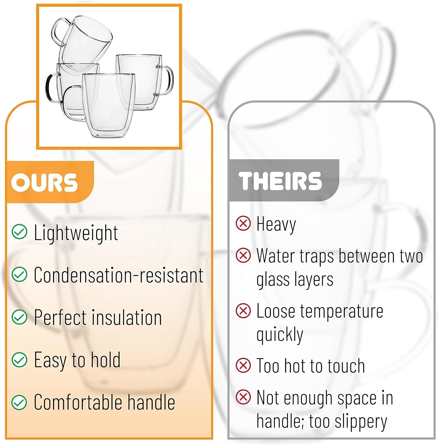 Btat- Stackable Insulated Coffee Mug, Coffee Glass, Large, Set of 4 (16Oz, 500Ml