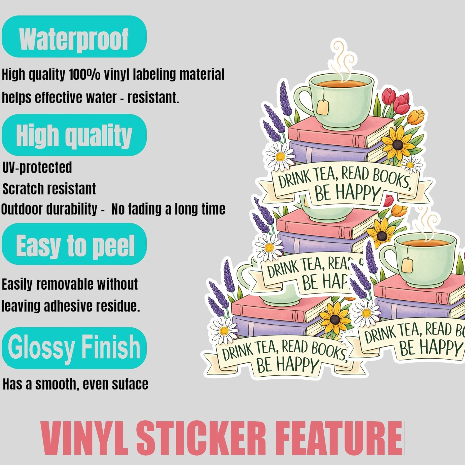4PCS Drink Tea Read Books Be Happy Cozy Reading Vinyl Decal Stickers
