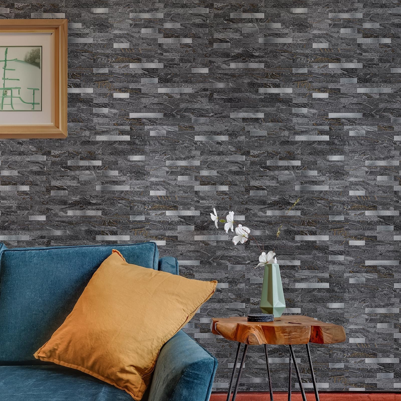 20 Sheets Peel and Stick Backsplash for Kitchen, Gray-Gold Stone with Metal S…