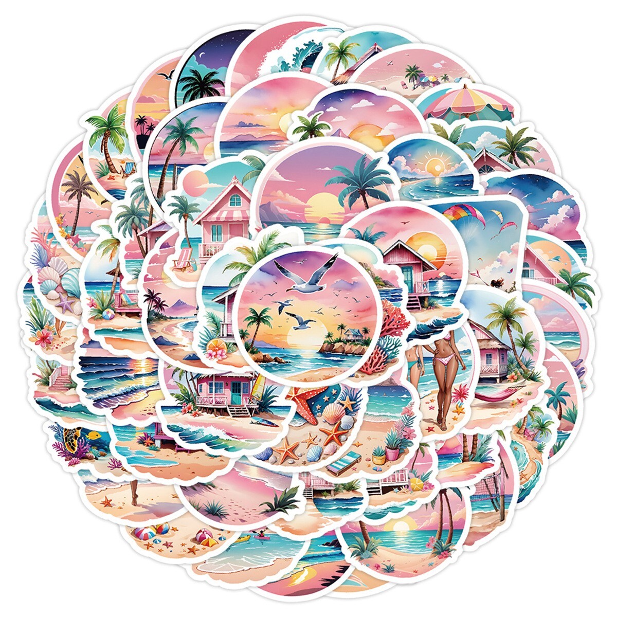 50pcs Waterproof Vinyl Stickers Summer Vacation Beach Tree Luggage Phone Laptop