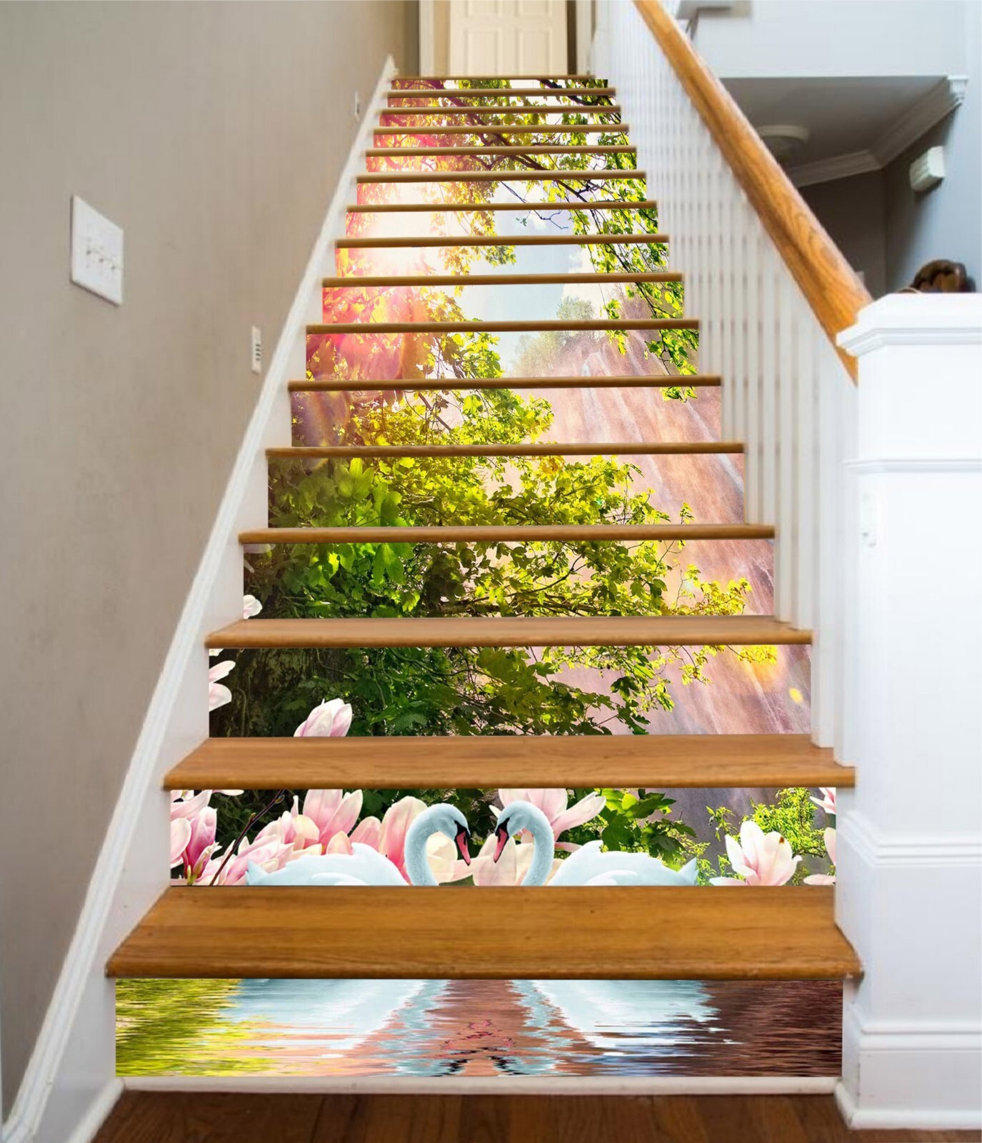 3D Tree White Swan AZ993 Stair Risers Decoration Mural Vinyl Wallpaper Kay