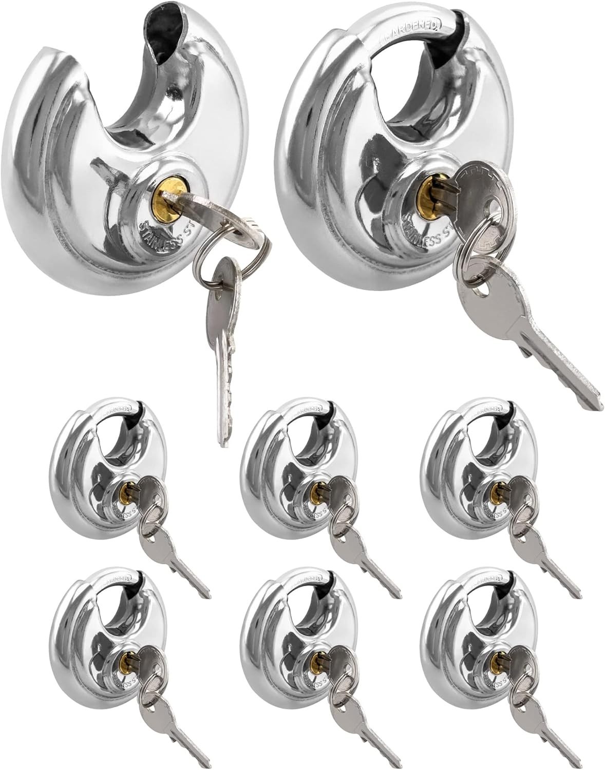 8 Candados Redondos Iguales Acero Inox 7cm con Llaves para Bodega Reja Cobertizo