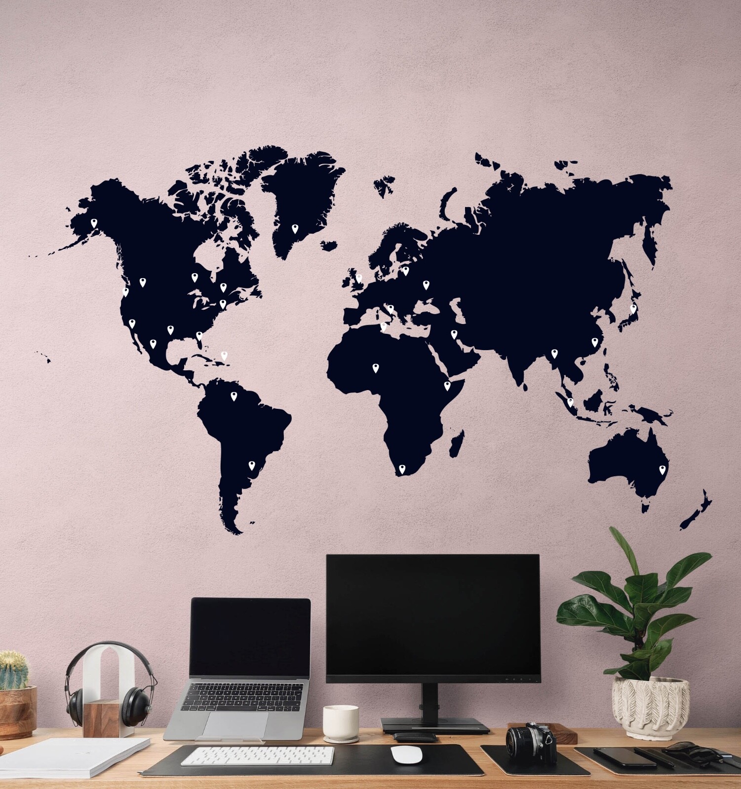World Map Vinyl Wall Decal Sticker. Includes Location Pins. Office Wall Map #873