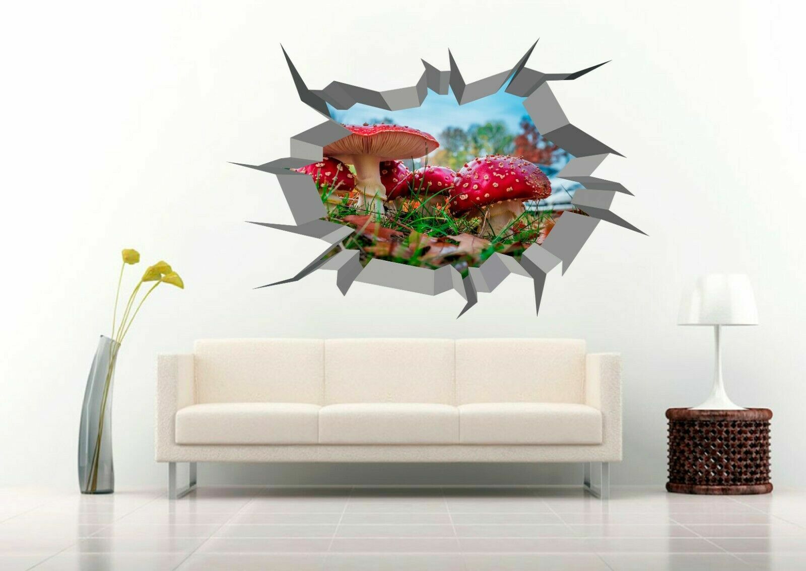 Fly Agaric Mushrooms 3D Crack Hole Wall Decal Vinyl Sticker Mural Art Decor