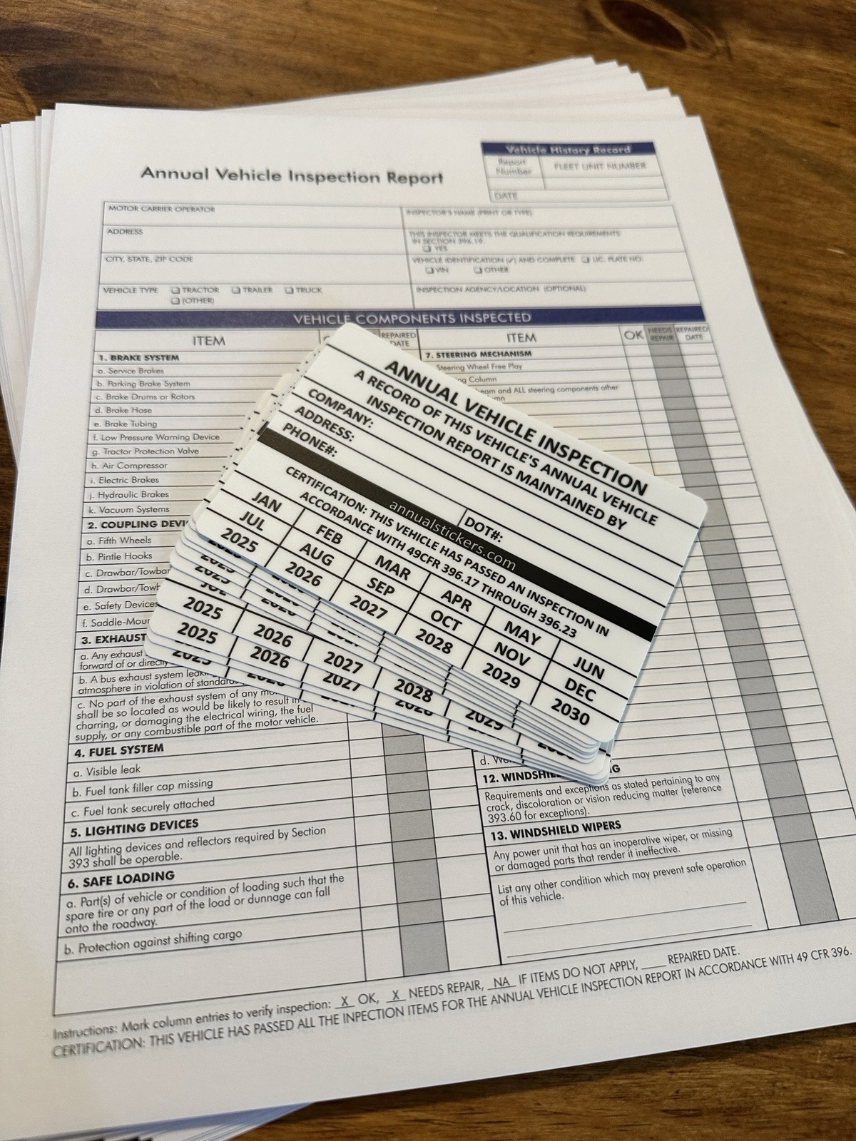 10 Pack – Annual Vehicle Inspection Sticker Trucks Trailers Semi & 10 Forms