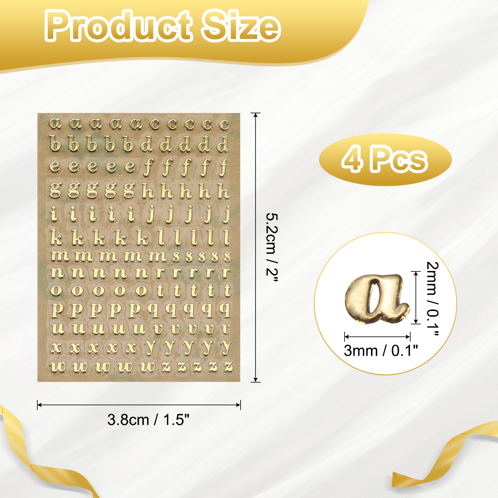 4 Sheets Letter Stickers 0.12" Letter Stickers Alphabet Stickers Gold Lowercase