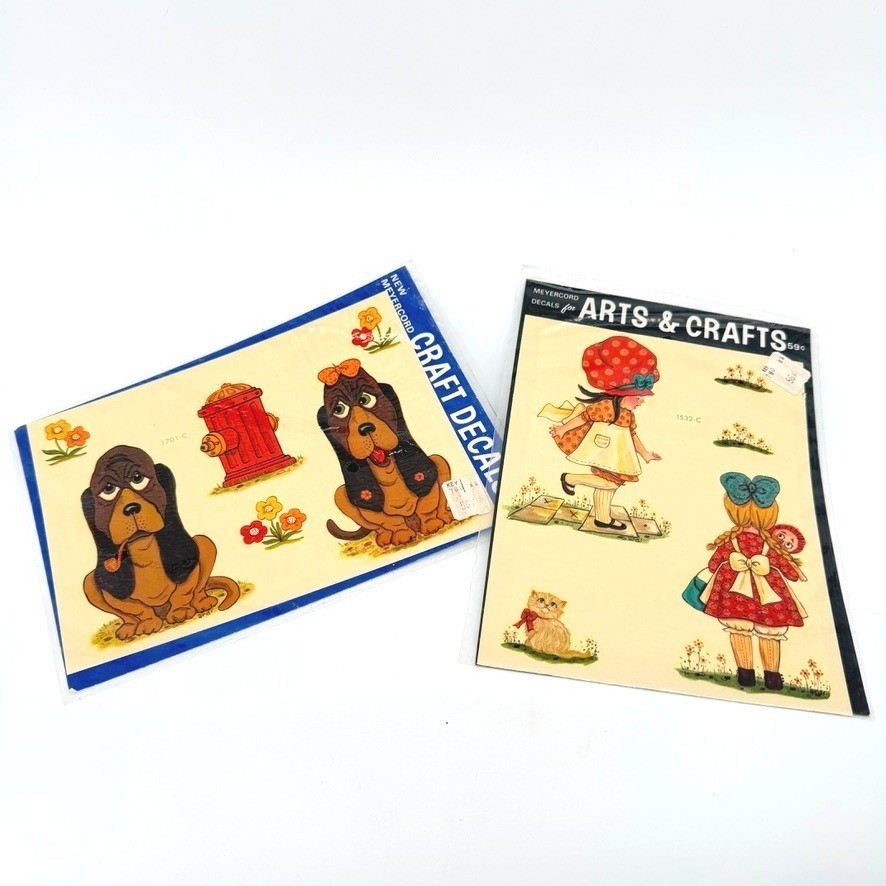 Meyercord VTG Craft Decals NOS 2 Sheets Dogs & Little Girls MCM Applique Cute