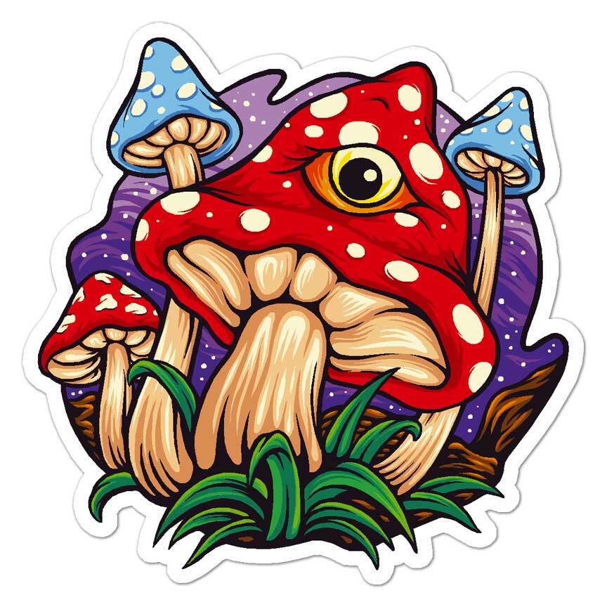 Tripping Mushrooms, Vinyl Decal Sticker, Indoor Outdoor, 3 Sizes, #7800