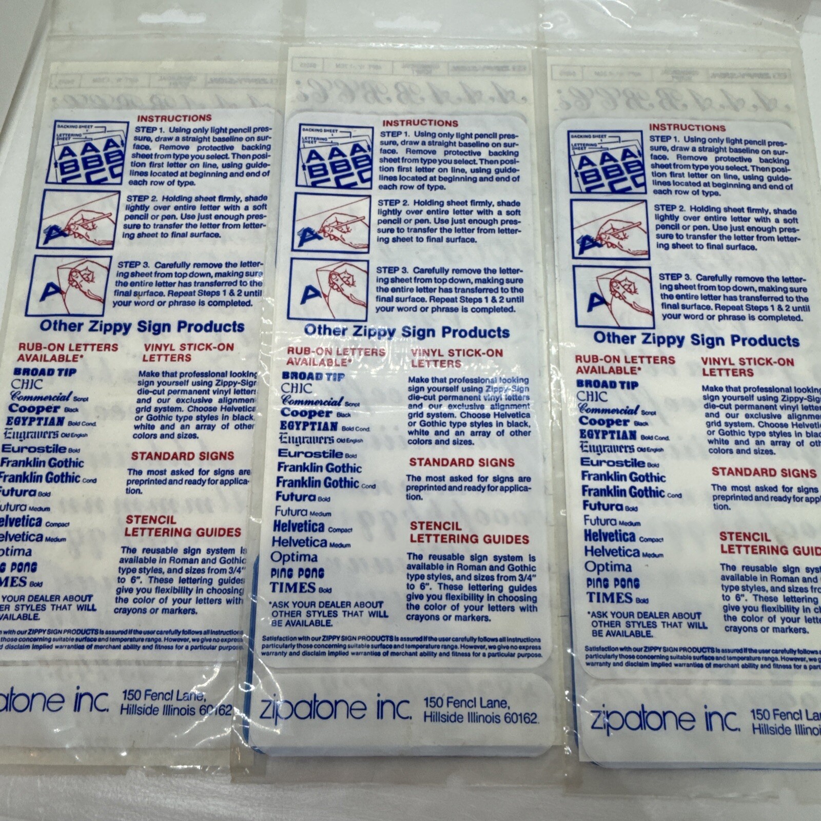 Vintage Set Of 3 1982 ZIPPY-SIGN Run On Lettering Commercial Script 48pt 1/2”