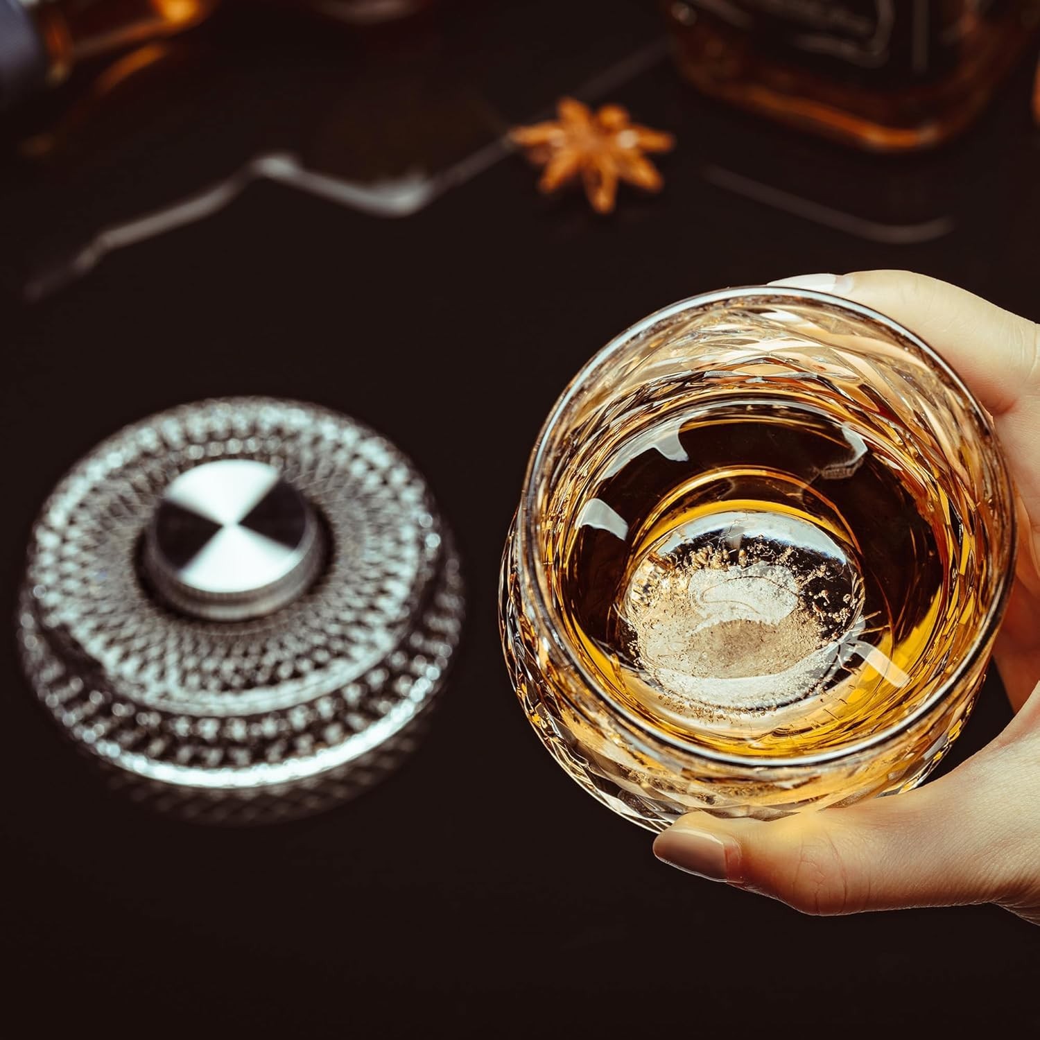 Spinning Whiskey Glasses Set of 4 with Iceball Molds, 9.5Oz Lead-Free Rotatable