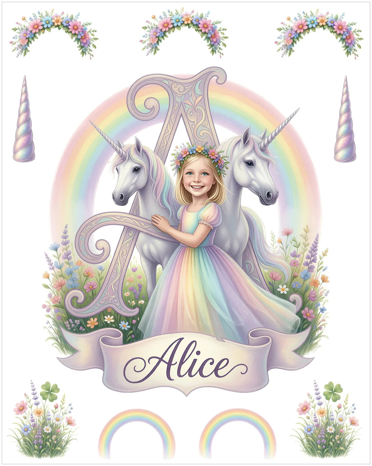 Personalized Princess Wall Decal Set Custom Girl Photo Name 10 Piece Unicorn