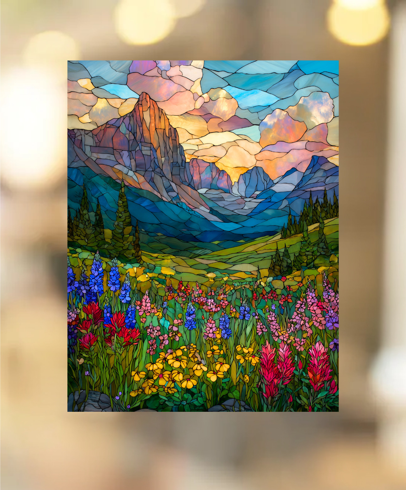 Wildflower Meadow Faux Stained-Glass WINDOW CLING Size 10.3" Vinyl