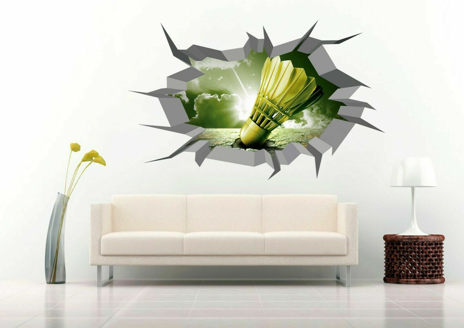 Badminton Shuttlecock 3D Crack Hole Wall Decal Vinyl Sticker Mural Art Decor
