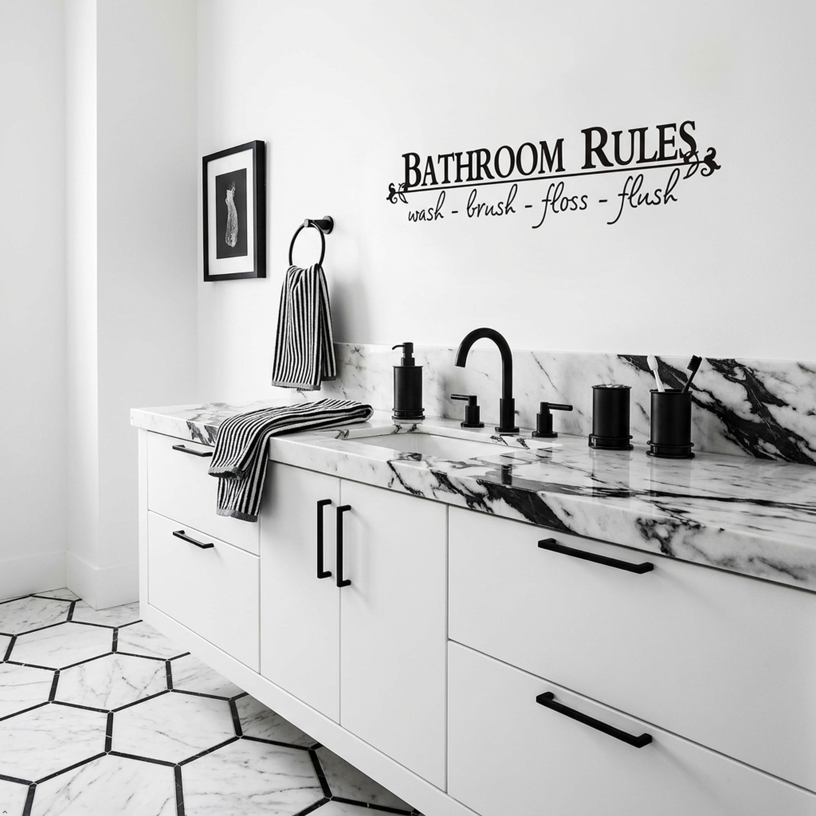 Bathroom Rules Wash Brush Floss Flush Quote Saying Wall Sticker Home Decal Decor