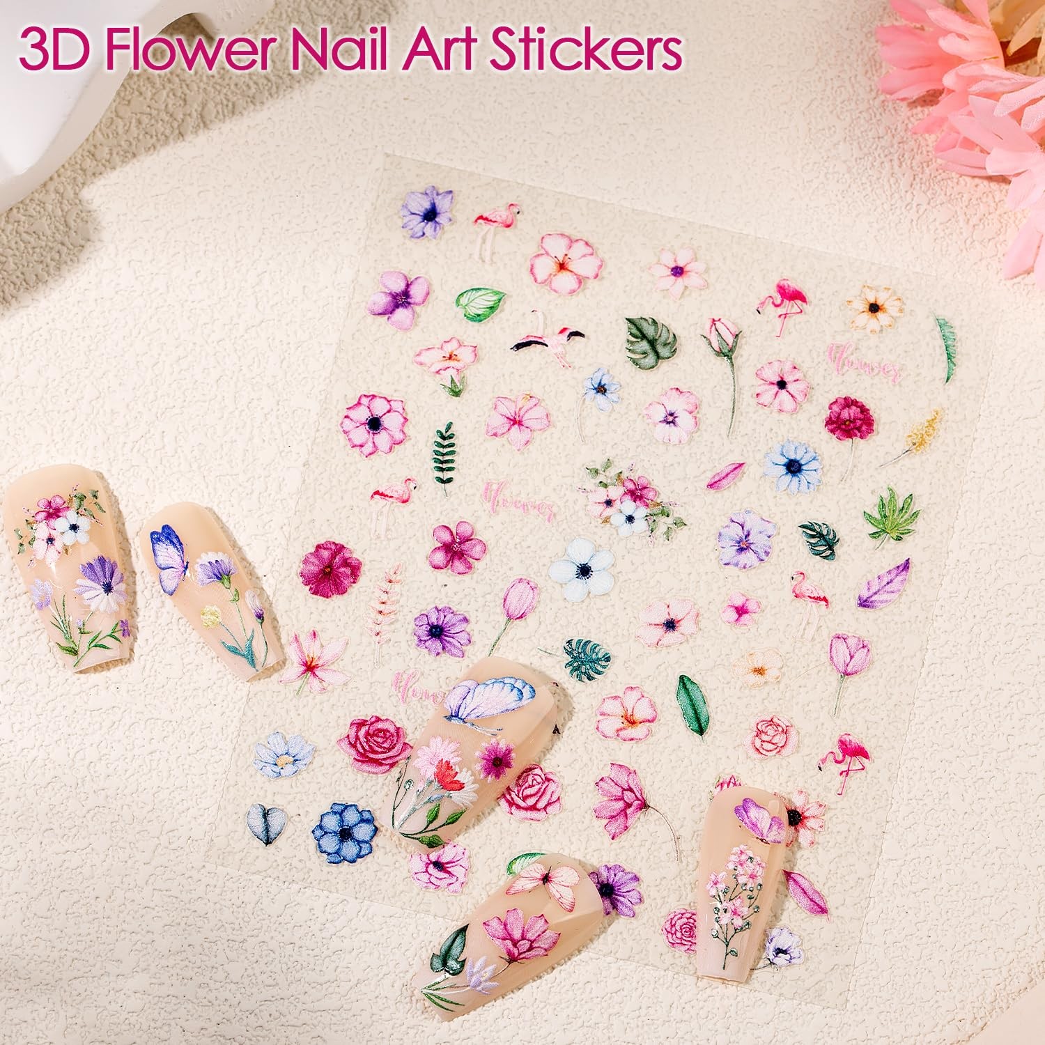 Gel Nail Stickers for Art: 5D Embossed Summer Flower Large, Colourful