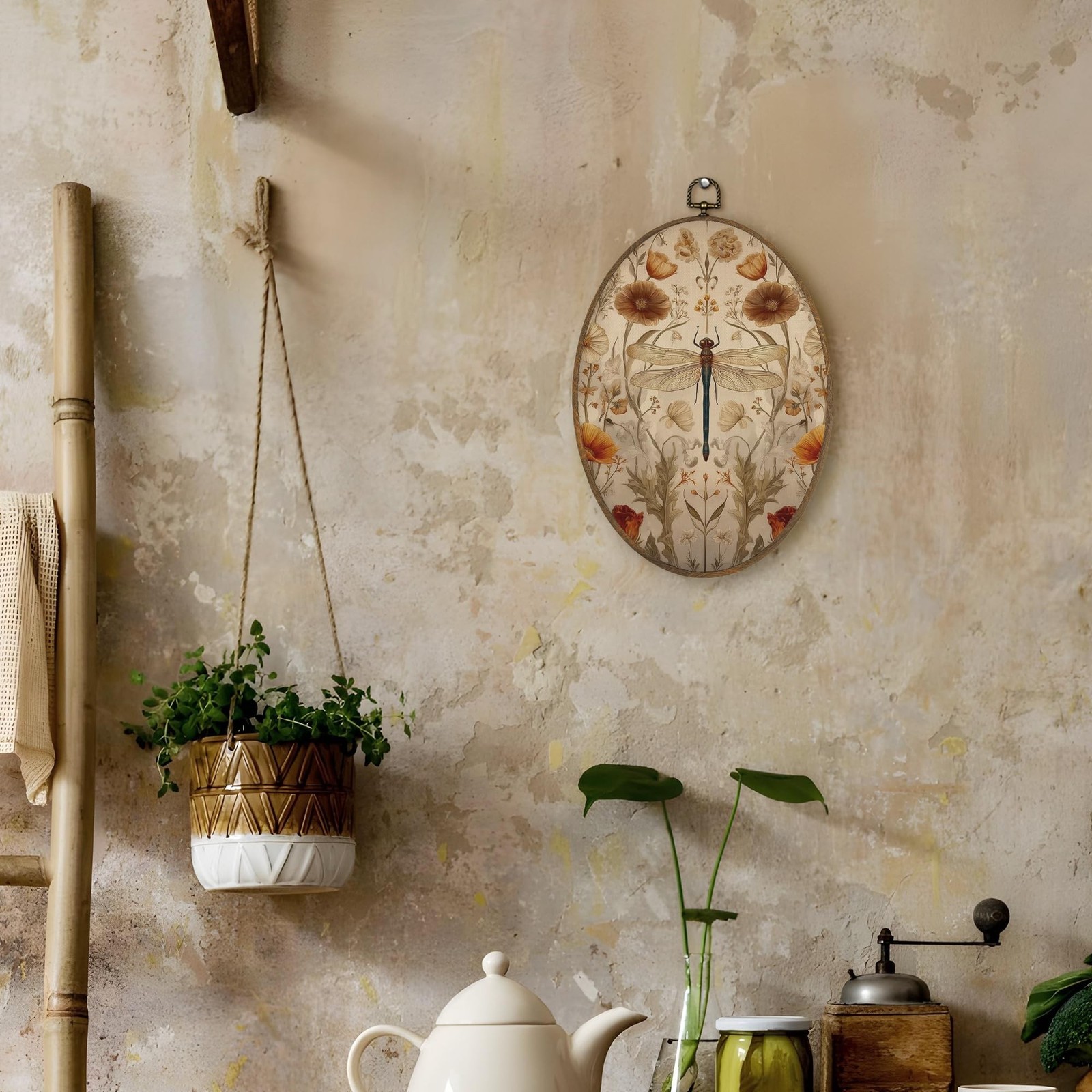 LKETW Vintage Floral Dragonfly Oval Wall Art Decor, Cottagecore Flower Dragon…