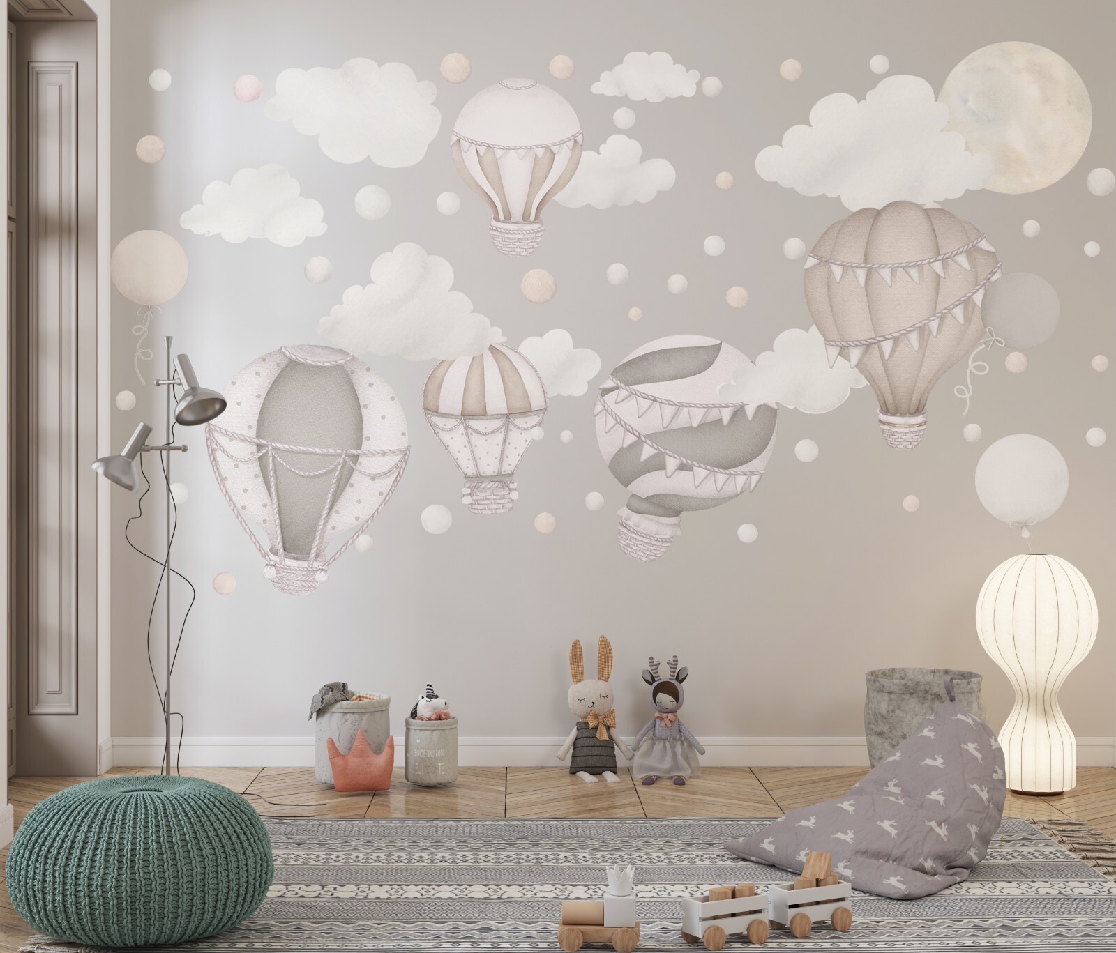 Pastel Hot Air Balloon Wall Stickers, Unisex Nursery Decor, Boho Wall Decal Set