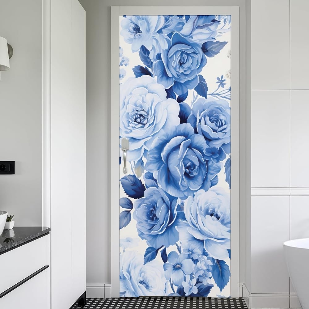 REDAMANCY White Blue Rose Floral Vintage Peel and Stick Door Stickers Vinyl D…