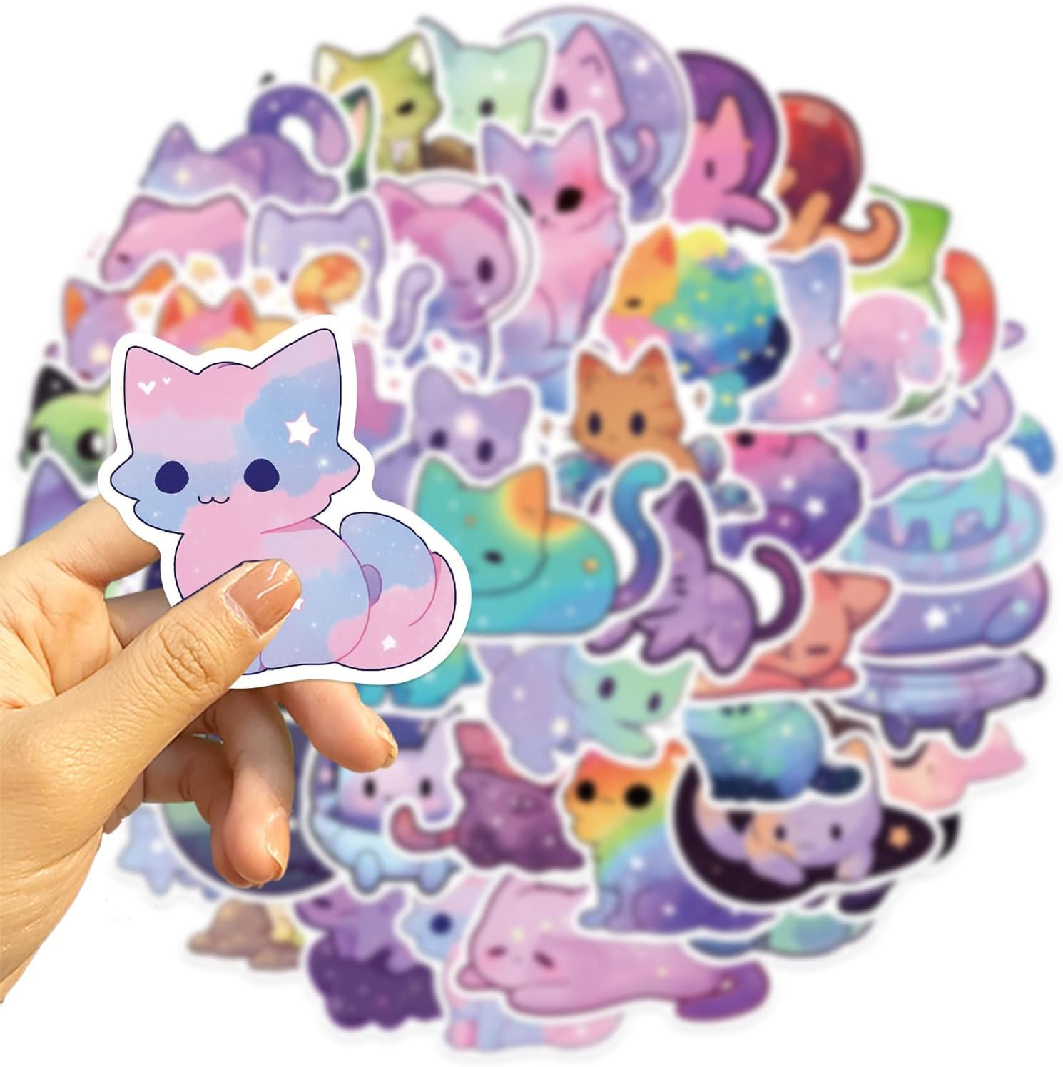 Cute Night Sky Cats Stickers for Kids Teens Adults, 50Pcs Cool Rainbow Starry Sk