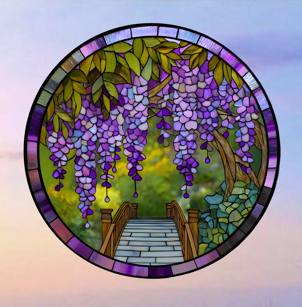 Wisteria Flowers Faux Stained-Glass WINDOW CLING Size 8" Round Vinyl