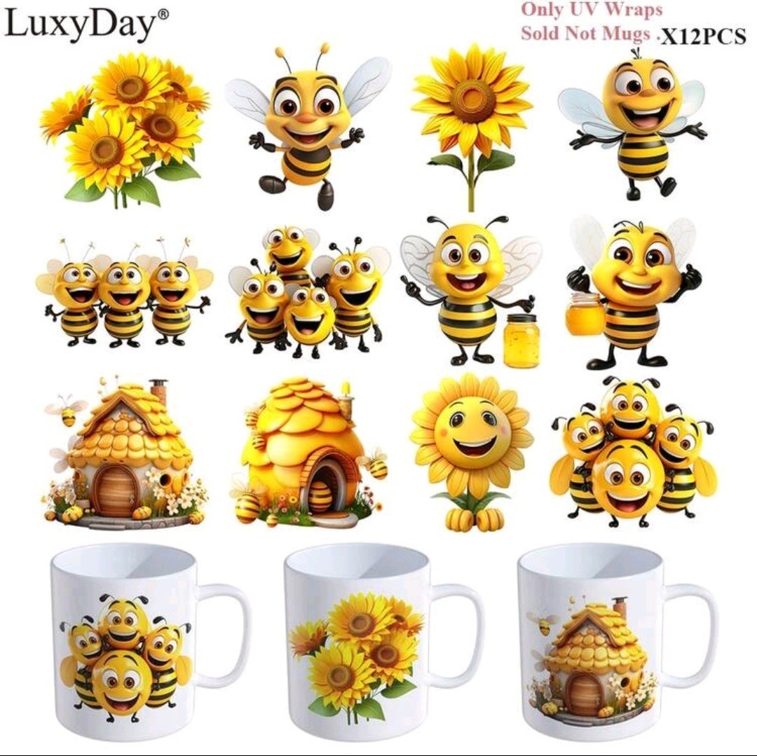 12pcs/Set LuxyDay Bee Sunflower Cartoon Vinyl UV Wrap Waterproof Cup Stickers