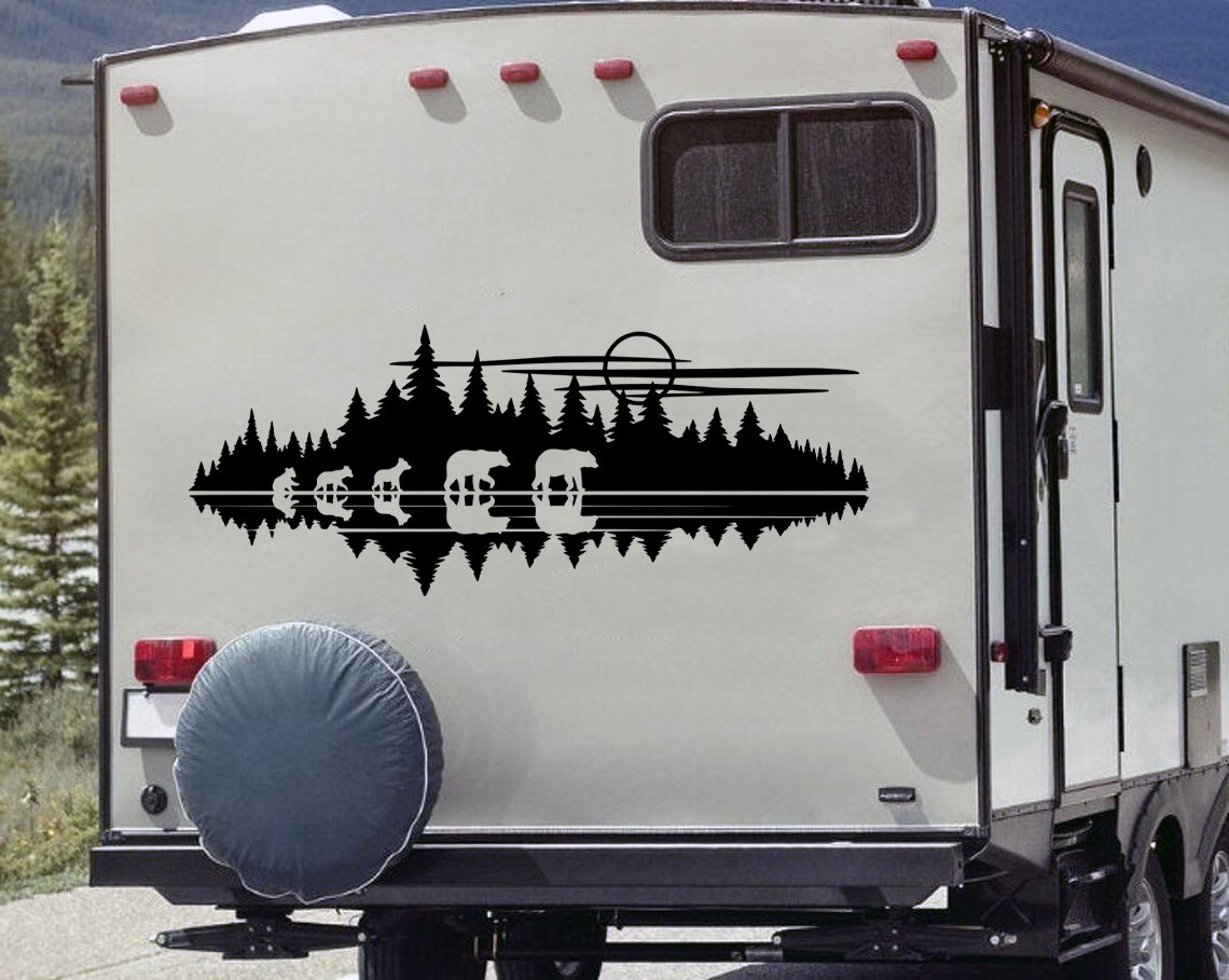 Lake Moon Bear Family of 5 in Tree Line Forest Scene Vinyl Decal V8 | RV Camping