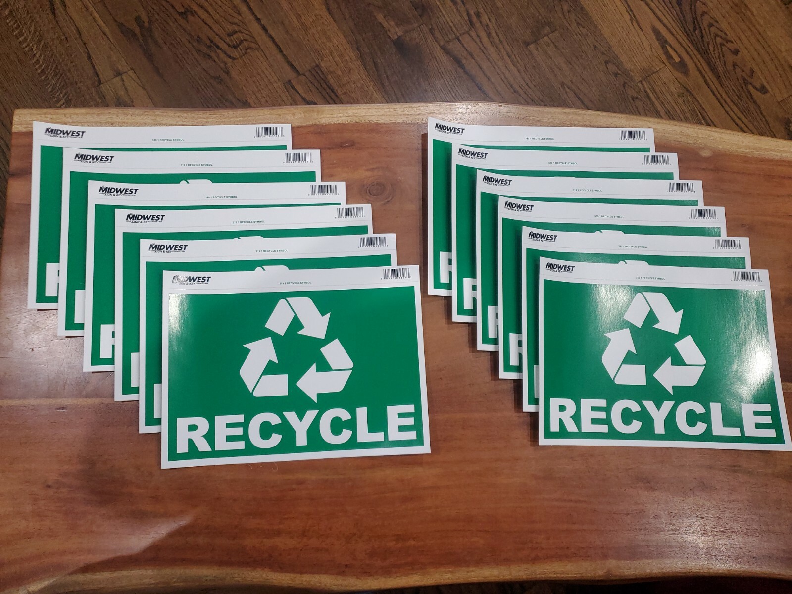 12 Pc Green Recycle Symbol w/ word "RECYCLE" Heavy Vinyl Sticker Large 8" X 12"