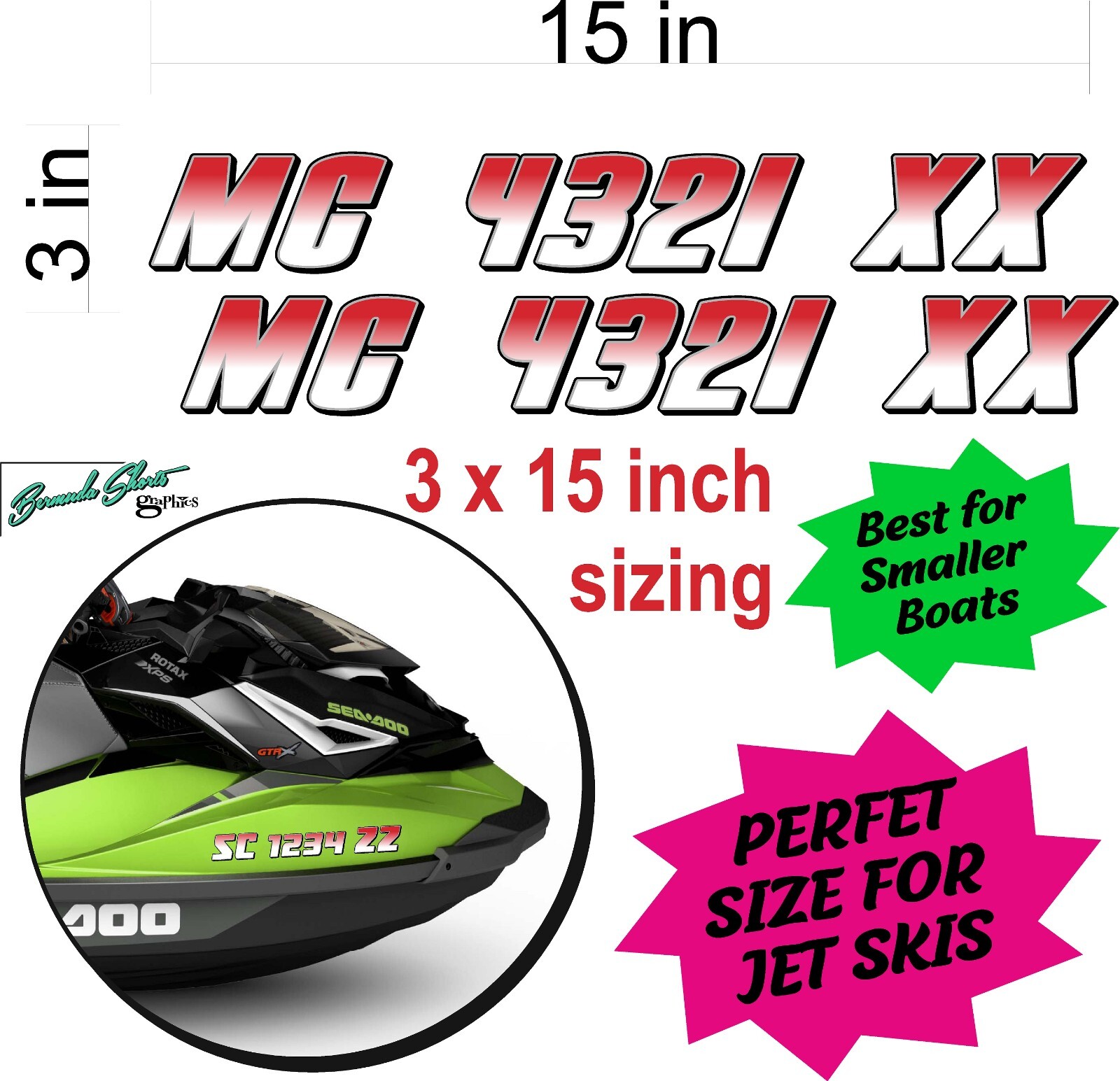 Boat Registration Numbers & Letters 2 Pack 3" x 15" Boat & Jetski Stickers X2GR