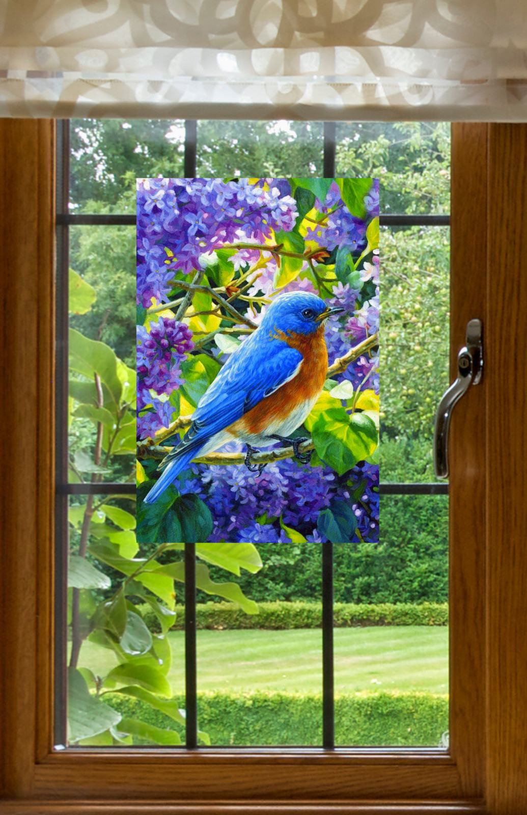 Bluebird on Branch with Lilac Flowers WINDOW CLING Size 10.6" Vinyl