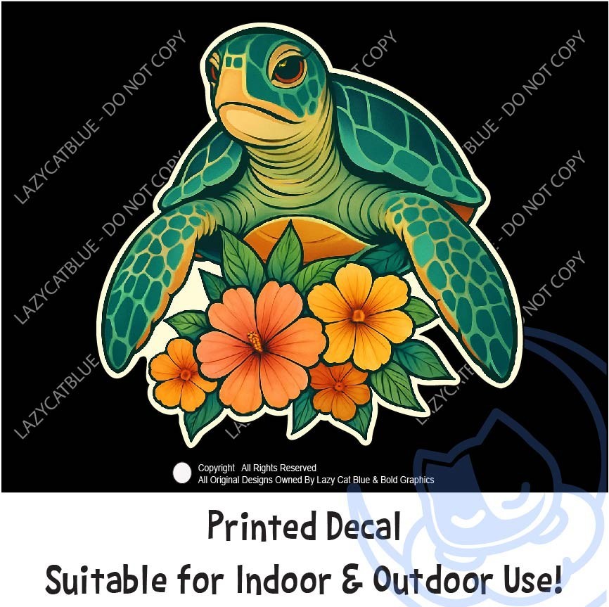 Sea Turtle & Hibiscus Decal Sticker Ocean Wildlife Life Beach Tropical Hawaii